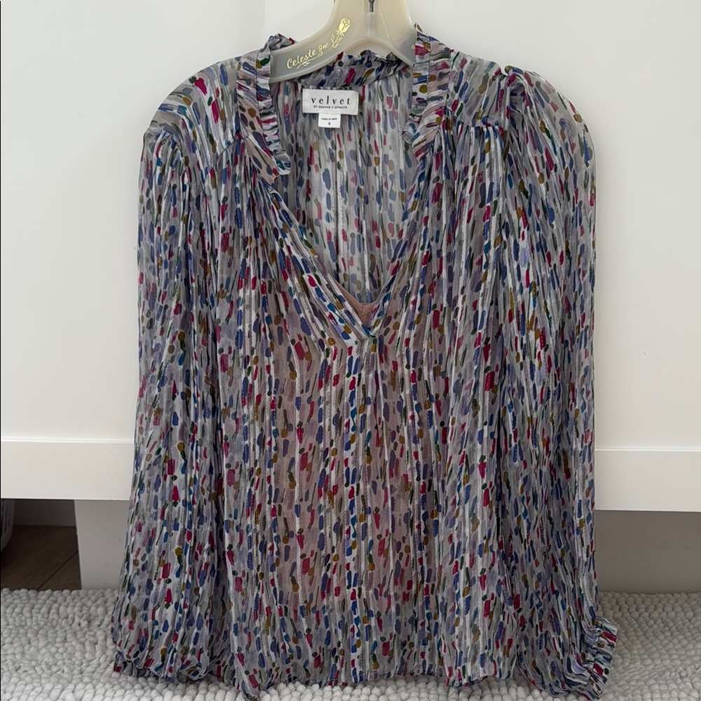 Velvet Red and Blue Blouse Elegant Top with shimmer stripe. Ruffle sleeve